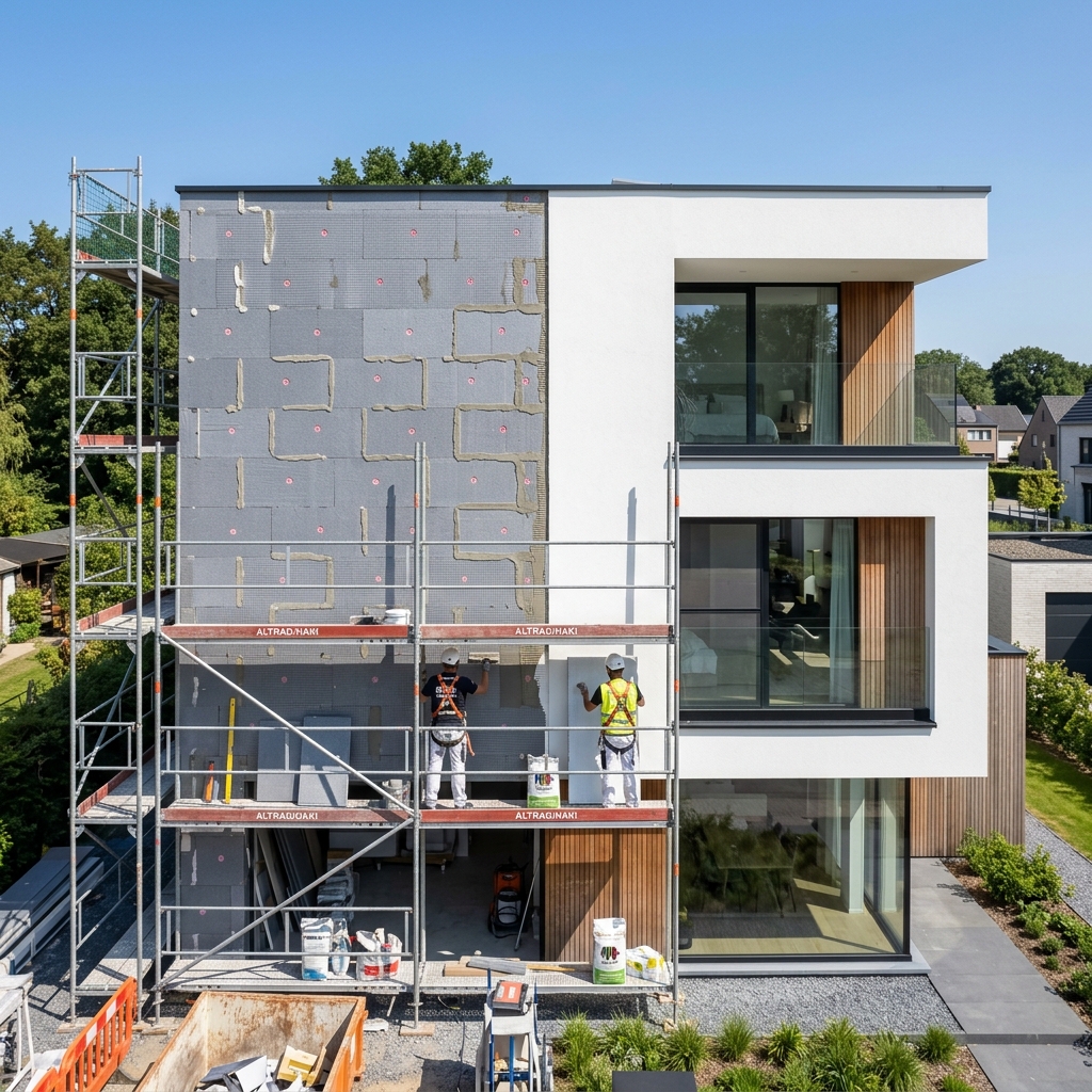 Chantier ETICS : pose d'isolation EPS gris et finition crépi blanc pur
