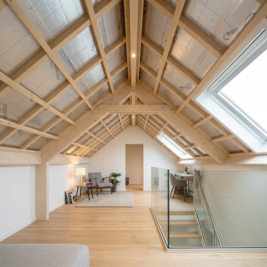 Installation professionnelle de panneaux PIR avec pare-vapeur aluminium dans des combles