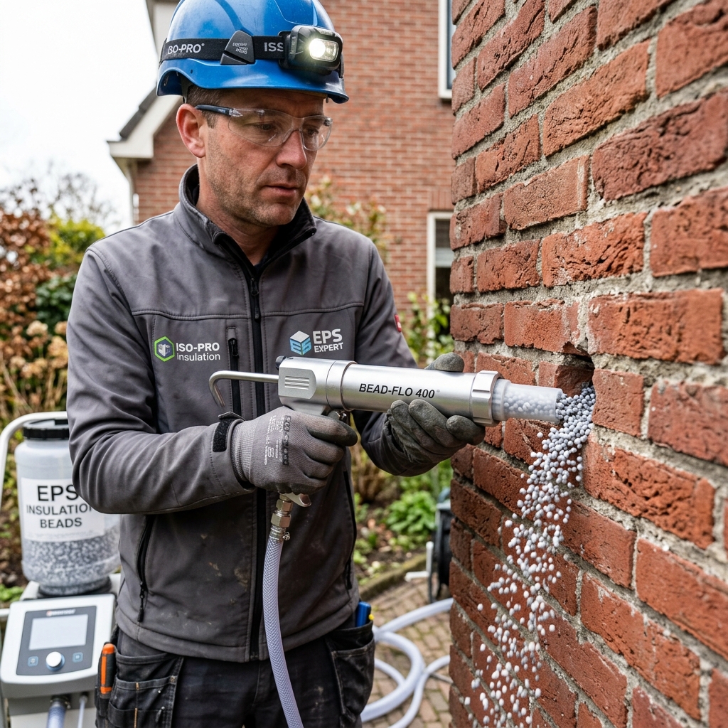 Technicien qualifié injectant des billes EPS graphitées dans un mur creux en brique rouge