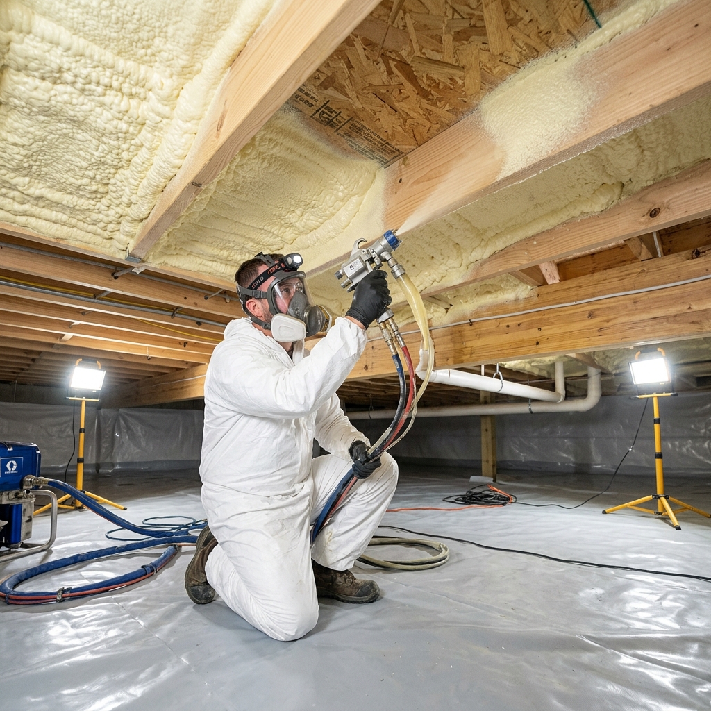 Ouvrier spécialisé projetant de la mousse polyuréthane (PUR) isolante au plafond d'un vide sanitaire propre